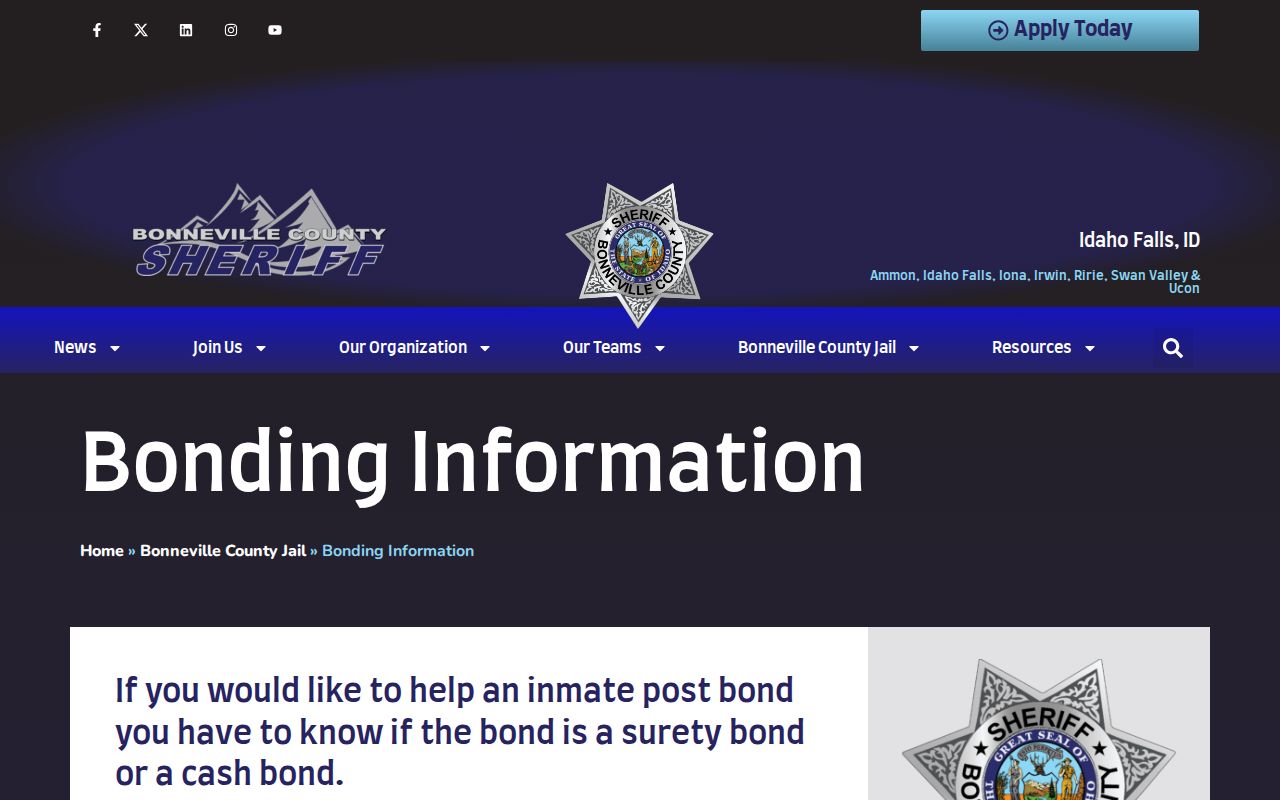 Bonneville County Jail bonding information page