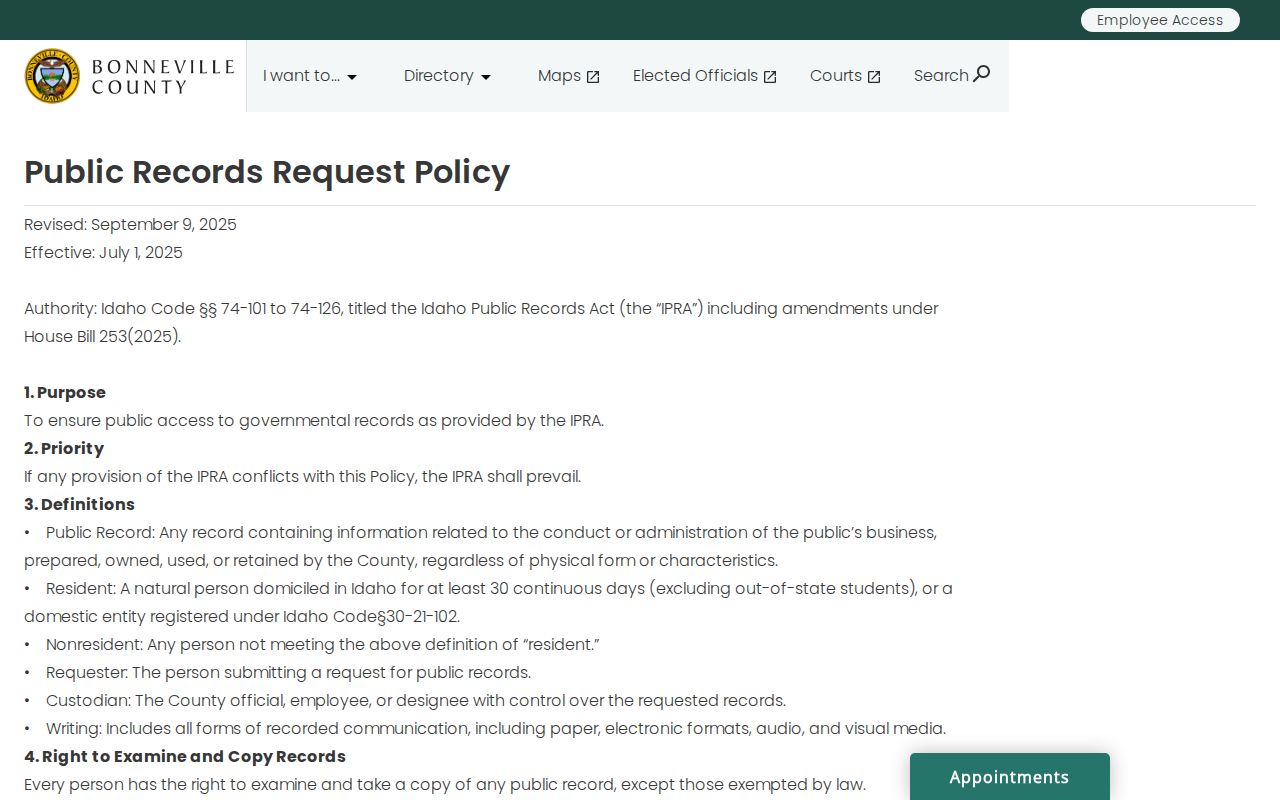 Bonneville County public records response and fee policy