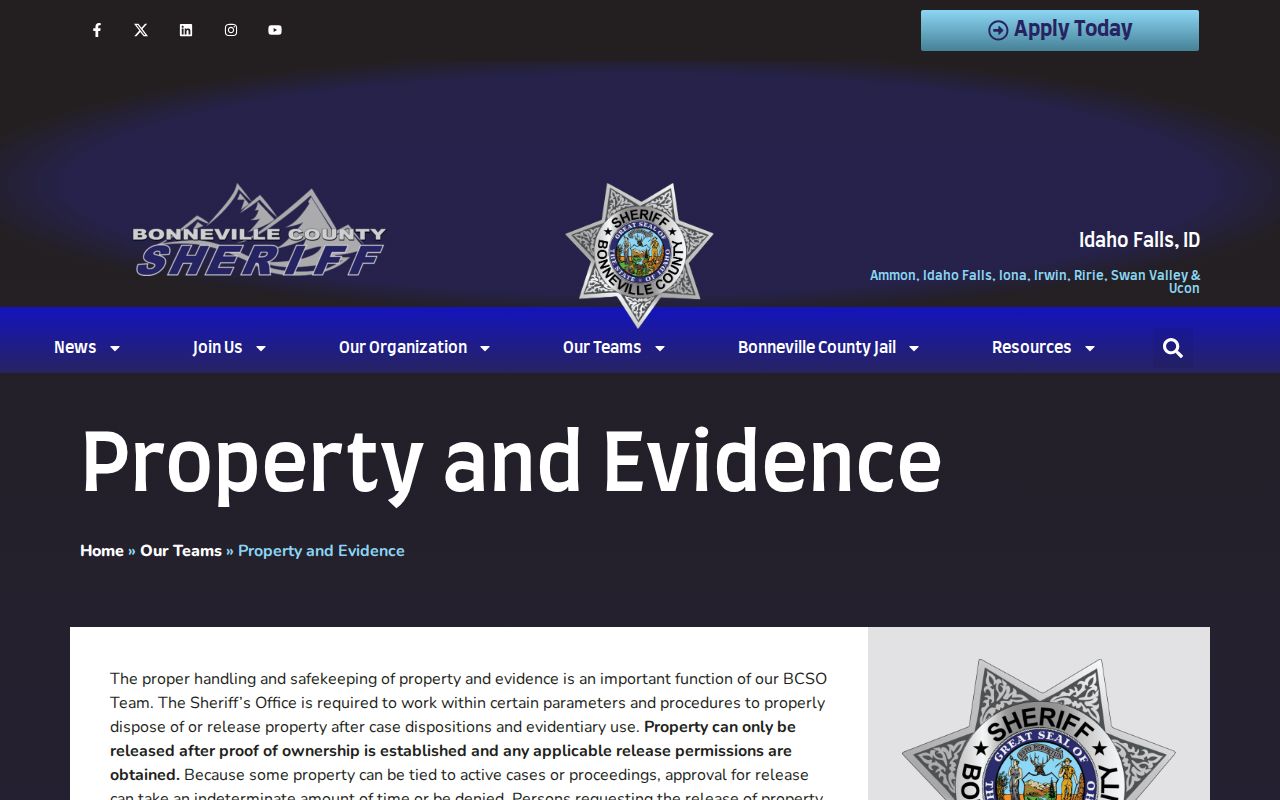 Bonneville County Sheriff property and evidence release process