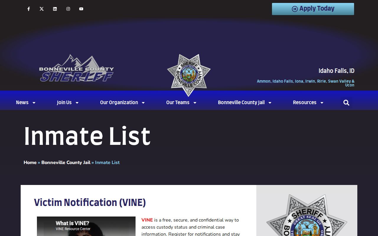 Bonneville County Sheriff current inmate list and update warning