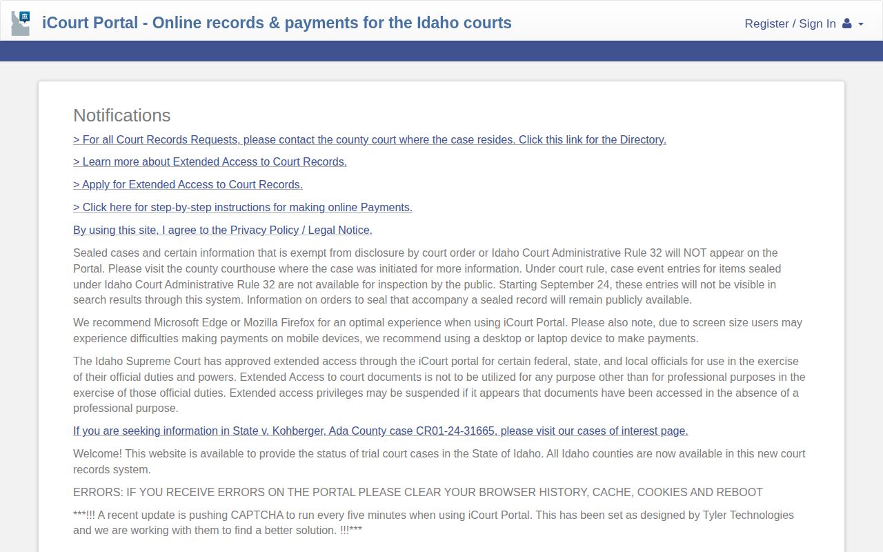 Idaho iCourt Smart Search screen for Bonneville County cases