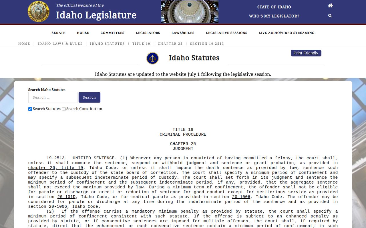 Bonneville County release date lookup Idaho unified sentence statute